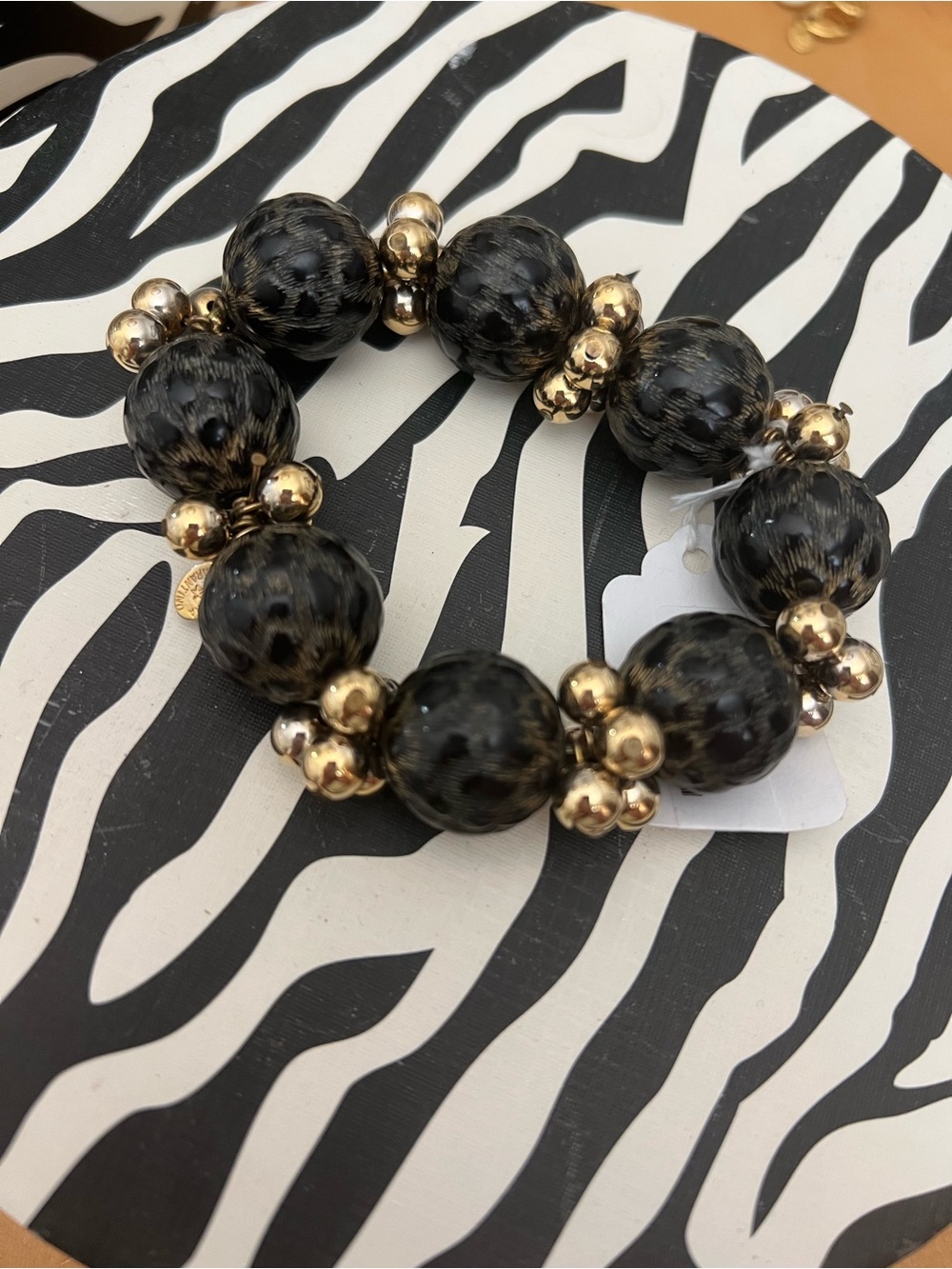 Tarina Tarantino Black leopard Beaded Stretch Bracelet with Gold Accents